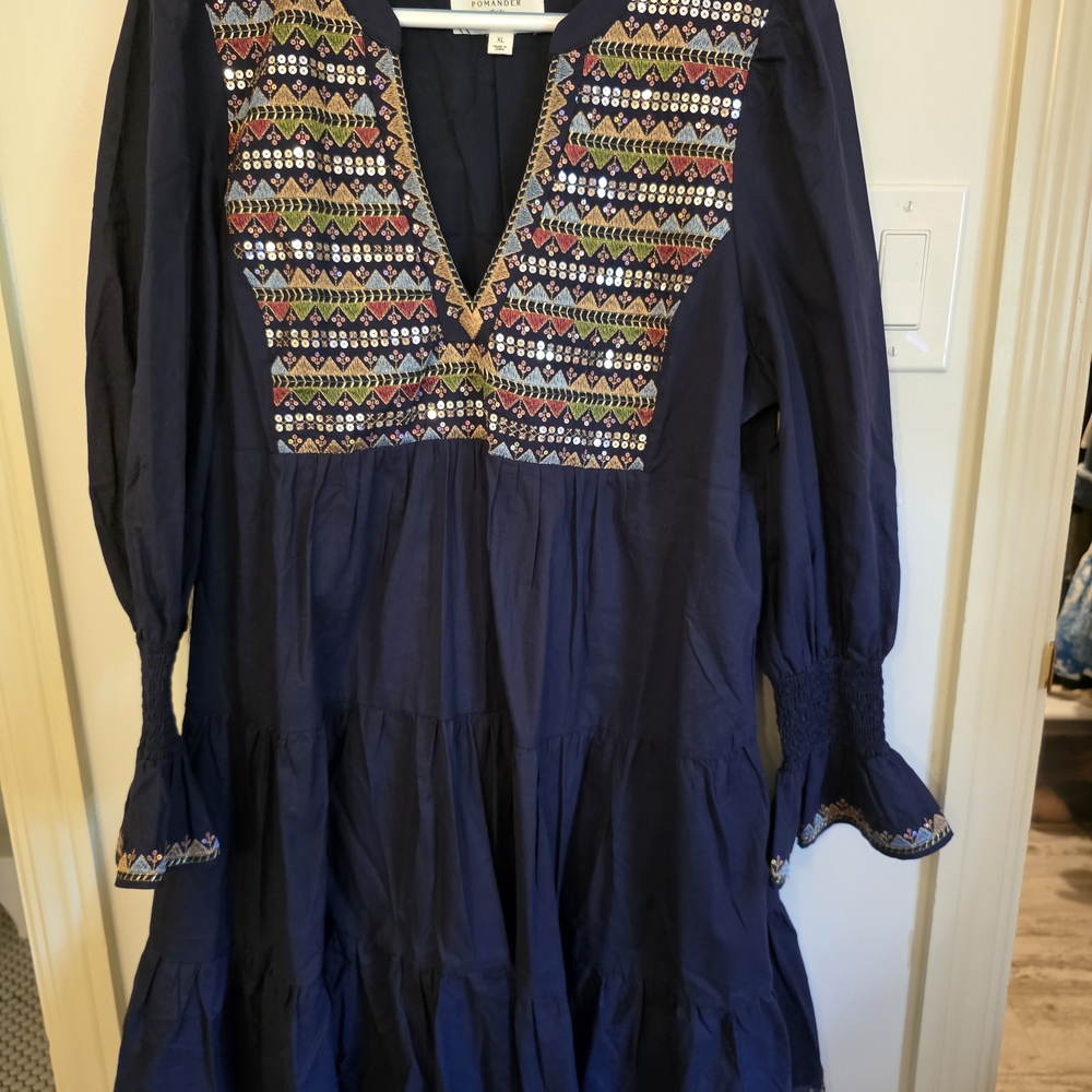 Pomander Place Dark Blue Dress with Embroidery